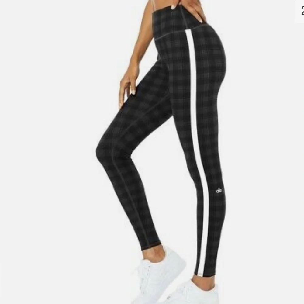 ALO Yoga Plaid High Waist Occasion Leggings,Black with White Reflective Stripe